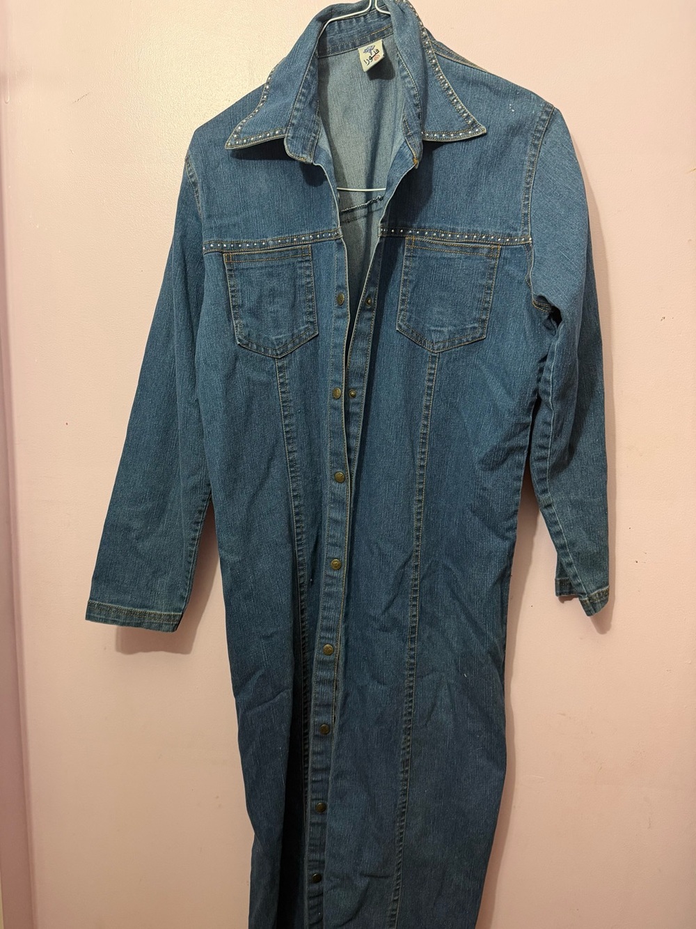 Vintage Long Button-Up Denim Dress Jacket - Blue